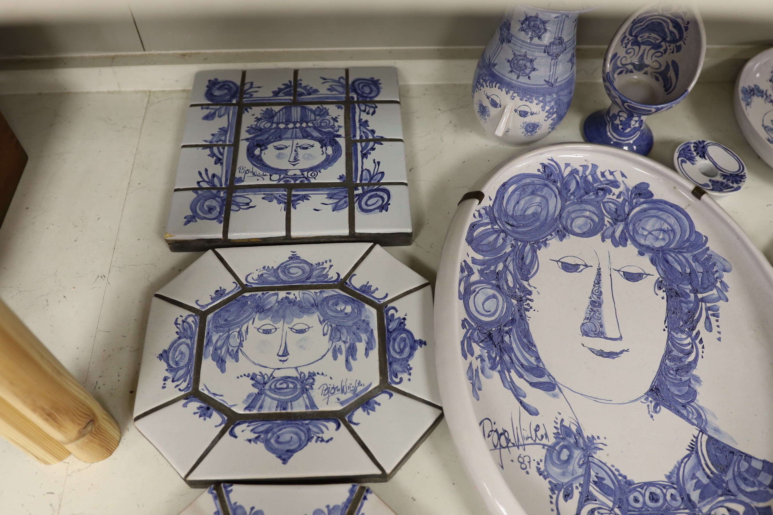 A collection of assorted Bjørn Wiinblad ceramics, tiles, dishes and others, largest 48cm wide